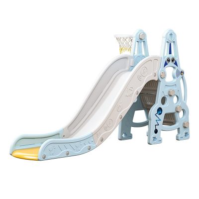 Tobogan Nichiduta Garden Astronaut Blue interiorexterior cu margini rotunjite, trepte largi, protectii laterale inalte si Cos de baschet cu minge inclusa