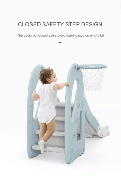 Tobogan Nichiduta Garden Cloud Light Blue 2 in 1 cu Margini rotunjite, Trepte late anti-slip, Inaltime reglabila, Manere si Cos de baschet