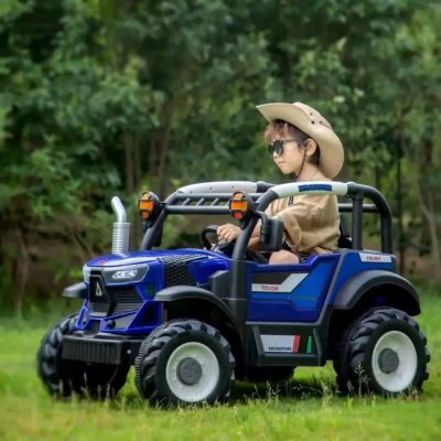 Tractor electric pentru copii Nichiduta Excavator Dark Blue 12V cu telecomanda 2,4G, 2motoarex38W,Scaun din piele ecologica,Roti rezistente,Lumini LED,Aplicatie control de pe telefon,Functie leganare,Usi cu deschidere,Muzica