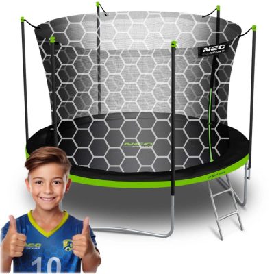 Trambulina de gradina pentru copii Neo-Sport Comb 183cm 6ft,cu Scara si Plasa interioara, Stalpi metalici cu protectie din burete, Intrare cu fermoar si catarama, Covoras impermeabil flexibil