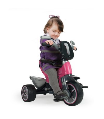 Tricicleta evolutiva pentru copii Injusa Body Pink cu maner parental, cadru din aluminiu, suport picioare, bara detasabila, roti Eva, cosulet, geanta, varsta 10 luni+
