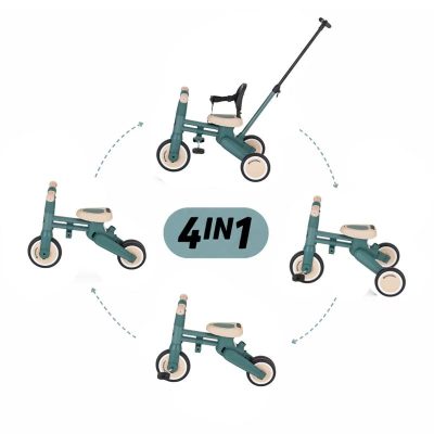 Tricicleta multifunctionala, Petite&Mars, Drift, 4 in 1, Vehicul de impins, Bicicleta, Cu maner detasabil si reglabil, Sezut ergonomic, Roti din cauciuc, Pana la 25 kg, 1.5-5 ani, Misty Green