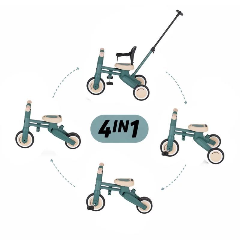 Tricicleta multifunctionala, Petite&Mars, Drift, 4 in 1, Vehicul de impins, Bicicleta, Cu maner detasabil si reglabil, Sezut ergonomic, Roti din cauciuc, Pana la 25 kg, 1.5-5 ani, Misty Green