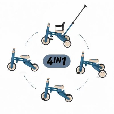 Tricicleta multifunctionala, Petite&Mars, Drift, 4 in 1, Vehicul de impins, Bicicleta, Cu maner detasabil si reglabil, Sezut ergonomic, Roti din cauciuc, Pana la 25 kg, 1.5-5 ani, Ocean Blue