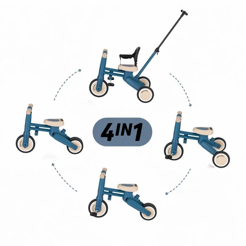 Tricicleta multifunctionala, Petite&Mars, Drift, 4 in 1, Vehicul de impins, Bicicleta, Cu maner detasabil si reglabil, Sezut ergonomic, Roti din cauciuc, Pana la 25 kg, 1.5-5 ani, Ocean Blue