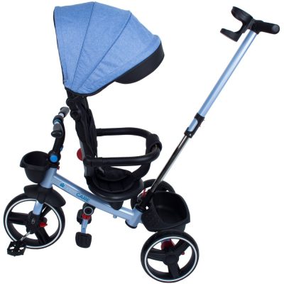 Tricicleta pentru copii KidsCare Impera Albastru pliabila, scaun rotativ, copertina de soare,  maner pentru parinti, roti din cauciuc, dispozitiv de franare, suport pentru pahar si cos depozitare jucarii