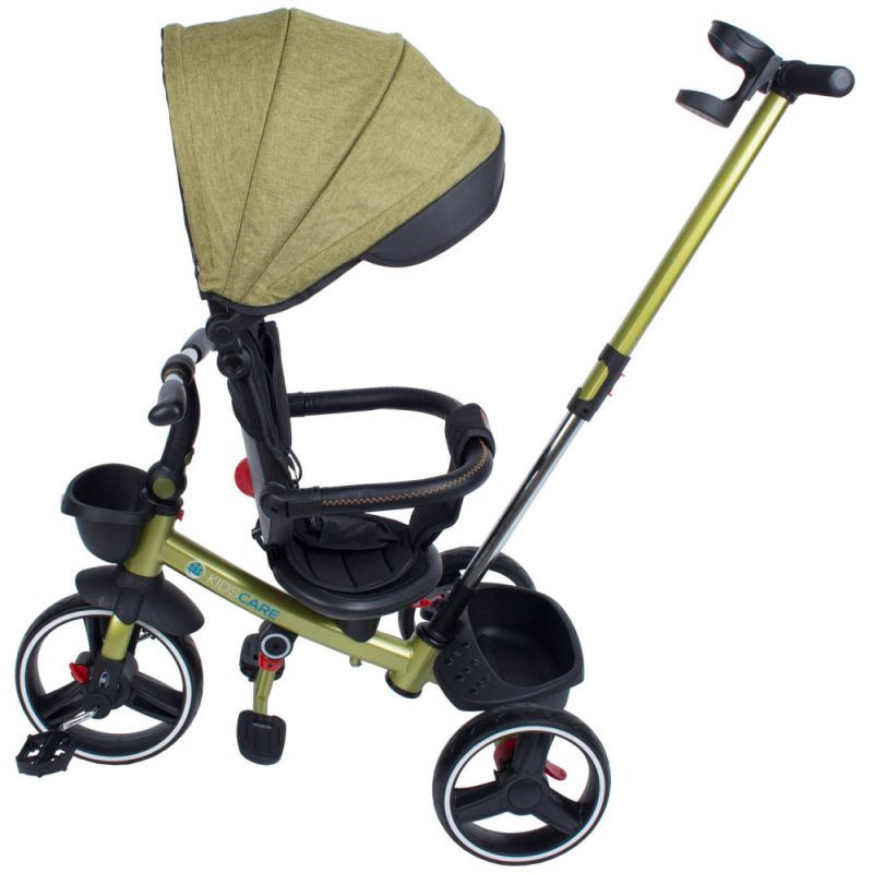 Tricicleta pentru copii KidsCare Impera Kaki pliabila, scaun rotativ, copertina de soare,  maner pentru parinti, roti din cauciuc, dispozitiv de franare, suport pentru pahar si cos depozitare jucarii