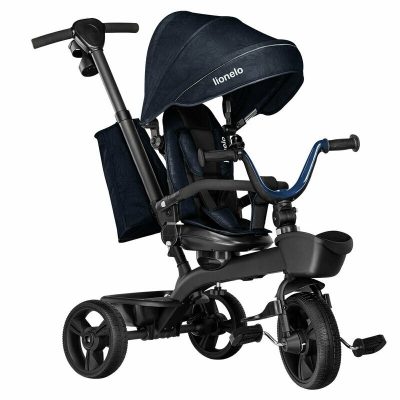 Tricicleta pentru copii Lionelo Kori Blue Navy cu scaun reversibil, rotire 360 grade, ultrapliabila, suport de picioare, control al directiei, conform cu standardul european de securitate EN71