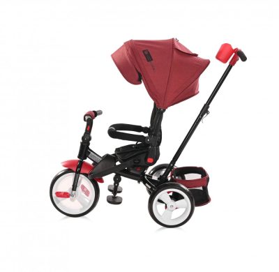 Tricicleta pentru copii Lorelli Jaguar Red  Black Luxe 4 in 1  multifunctionala, cu maner cu control parental, scaun rotativ, 2 tipuri de suport pentru picioare si spatar inalt reglabil pe 2 pozitii