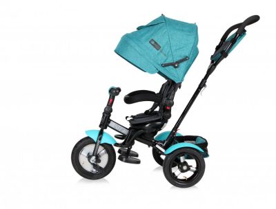 Tricicleta pentru copii Lorelli Neo Air Green Luxe 4 in 1 multifunctionala, roti mari gonflabile, spatar inalt reglabil, sezut rotativ, 2 tipuri de suport pentru picioare si dispozitiv de franare