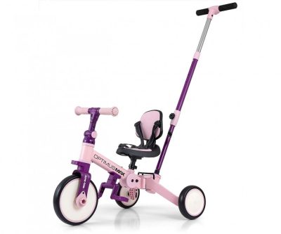Tricicleta pentru copii Milly Mally Optimus Max Pink 5 in 1 reglabila, maner parental, roti din spuma, varsta 12 luni+