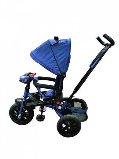 Tricicleta pentru copii Novokids Super Trike Albastru Jeans cu copertina, melodii si lumini, roti din cauciuc, pozitie somn, scaun reversibil cu rotatie 360 grade