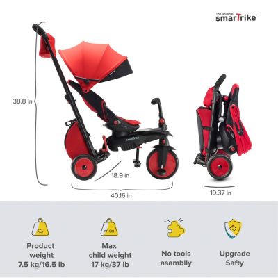 Tricicleta pentru copii Smart Trike STR7 Rosu 7 in 1 ultrapliabila, spatar reglabil, sistem patentat Touch Steering, roti din cauciuc cu functie de absorbire a socurilor, varsta 6 luni+