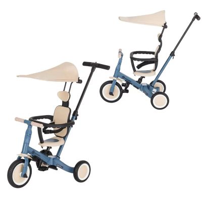 Tricicleta, Petite&Mars, Turbo Plus, 5 in 1, Multifunctionala, Vehicul de impins, Bicicleta cu/fara pedale, Cu maner de ghidaj, Detasabil, Roti din cauciuc, Capotina pentru soare, Pana la 25 kg, 1.5-5 ani, Albastru