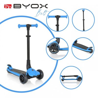Trotineta pentru copii Byox Bolt Albastru pliabila,cadru din aluminiu,inaltime ghidon reglabila pe 3nivele,roti PU si baza cu lumini LED ,de la 3ani si pana la 50kg