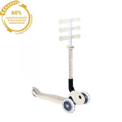 Trotineta pentru copii Globber Junior Crem, pliabila, ecologica, ghidon ajustabil pe 3 nivele, roti cu lumini LED, rulmenti ABEC 9