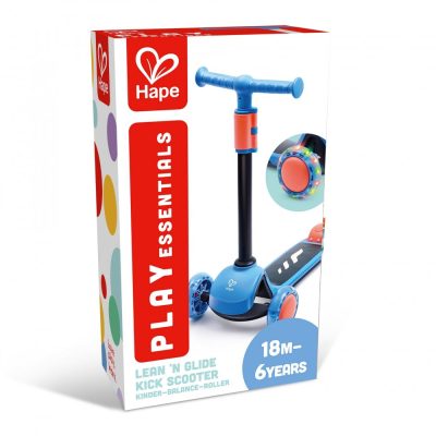 Trotineta pentru copii Hape Glide Kick Scooter albastru cu ghidon reglabil si roti luminoase
