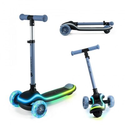 Trotineta pentru copii Kinderkraft Raket Blue pliabila, platforma si roti LED, ghidon reglabil, greutate admisa 50 kg