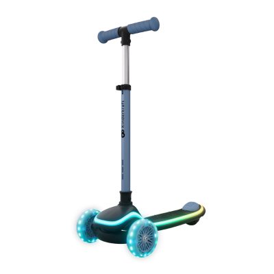 Trotineta pentru copii Kinderkraft Raket Up Blue pliabila, reglabila, cu lumini Led si scaunel