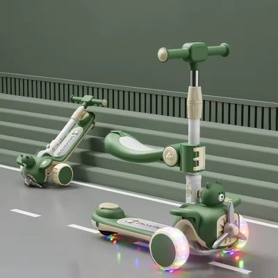 Trotineta pentru copii Nichiduta TeddyRide 3 in 1, pliabila, cu scaunel si maner parental, cu ghidon reglabil, manerele ergonomice, muzica, roti silentioase din PU cu lumini LED, dimensiune 59 x 30 x 73cm, Green